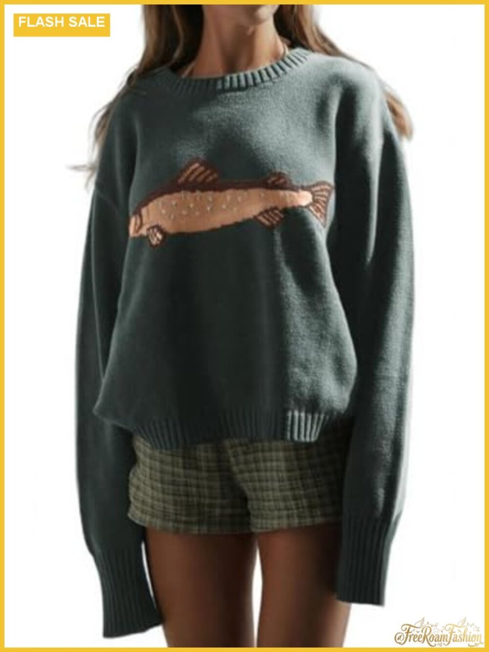 Women Rib Knit Crew Neck Graphic Oversized Pullover Sweater Jumper